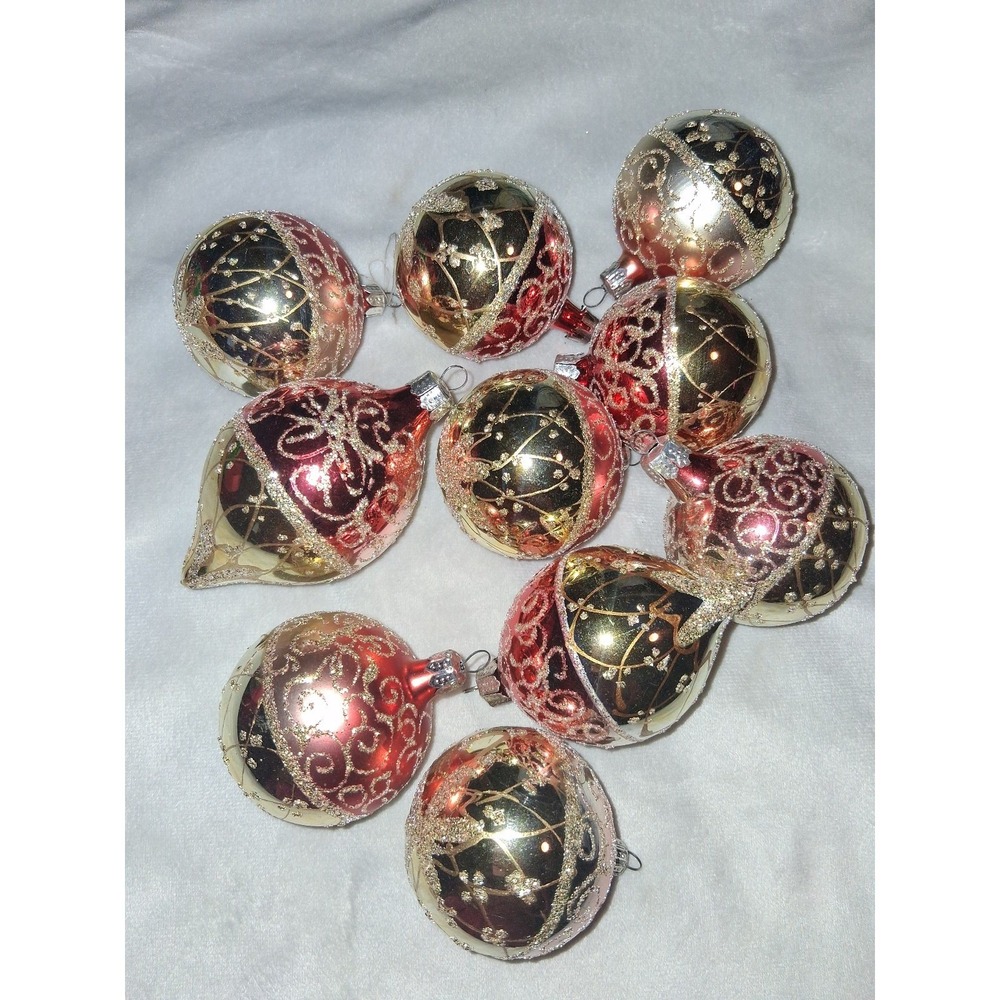 Vintage Glass Christmas Ornaments Lot of 10 Red Gold Glitter Teardrop Round